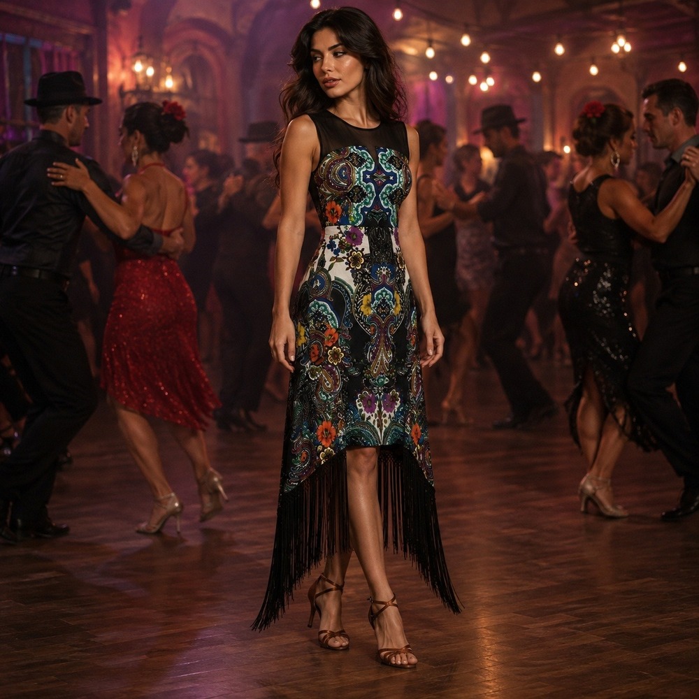 Simon Chang Paisley Wiggle Fringe Dress Size 4